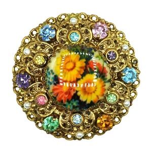 West Germany Brooch Pastel Rhinestones Floral Cabochon Costume Jewelry Vintage